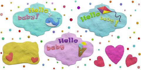 A set of greeting cards for a child with textured plastic clay surfaces and children's drawings.