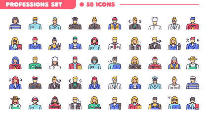 Vector color linear icon set of man, woman professions