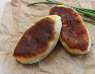 Homemade fried small pies, hotcakes. Fresh pasty, pasties. Russian hot cakes from the oven on a white plate. Hot ruddy appetizing on white background, close-up, selective focus