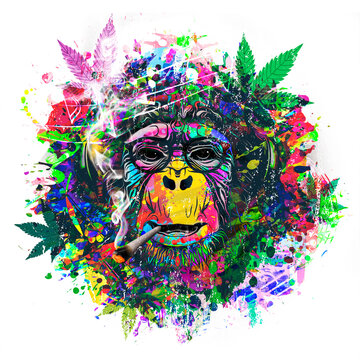 Abstract Colorful Monkey Background With Funny Face And Cannabis 