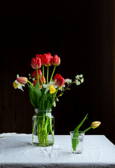Bouquet of red tulips, daffodils, and cherry blossoms on table