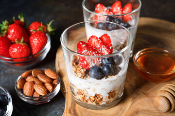 Granola parfait with oat cereal, fresh berries and greek yogurt