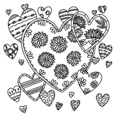 Hearts love romantic flower blossom lined doodle coloring book page black and white background art therapy relax psychology