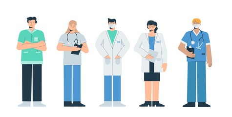 Doctors in working uniforms set. Doctors fearing with coronovirus reception therapist anesthesiologist surgeon in mask nurse cardiologist stethoscope health care flat guarding vector human health.
