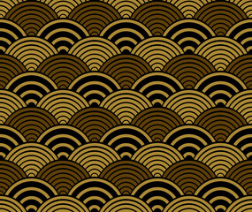Fototapeta na wymiar Gold and black seigaiha luxurious Japanese wave pattern.