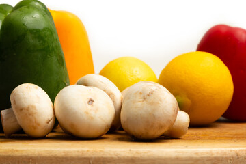 Vegetables Peeper Mushrooms Lemon in white background