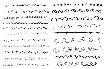 Set of vector brush lines, underlines, circles, signs. Isolated on white. Vector illustration