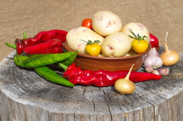 Fresh vegetables from the garden on an old stump