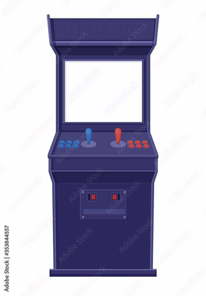 Poster arcade game machine template. retro blue console with blank screen template two joysticks control bu