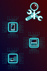 Repair, maintenance of digital, video and computer equipment - a symbol in the form crossed screwdriver, wrench and magnifier