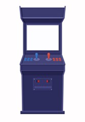 Arcade game machine template. Retro blue console with blank screen template two joysticks control buttons and panel for tokens, computer vector old school nostalgia.
