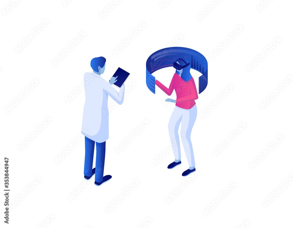 Poster web big analytics testing virtual reality isometric concept.. online technology analytical strategy 