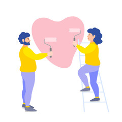 Young couple man and woman paint a wall. Loving people paint a heart with rollers. Vector illustration in flat style. The family is repairing together.