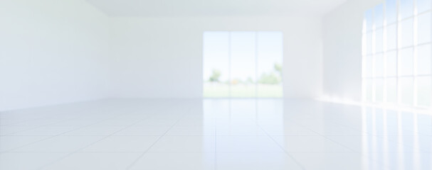 3d rendering of white tile floor with grid line and shiny reflection with clear glass door in...