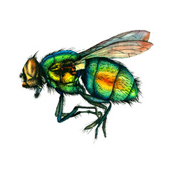 Watercolor & ink fly / Hand-drawn illustration isolated on white background 