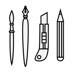 pencil, cutter, brush and a pen icons