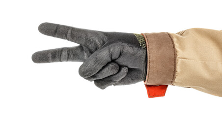 Worker hand in black protective glove and brown uniform doing number two gesture isolated on white...