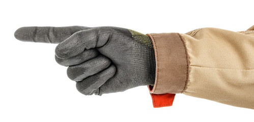 Male hand in black protective glove and brown uniform pointing by forefinger isolated on white background