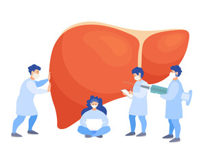 A team of doctors checkup the liver. Tiny people examine the organ and make a diagnosis. Banner on the prevention of liver disease, metabolism and obesity. Vector flat concept. Treatment.