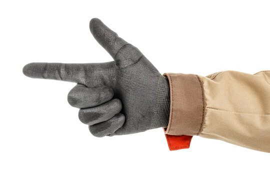 Man hand in black protective glove and brown uniform showing gun gesture isolated on white background