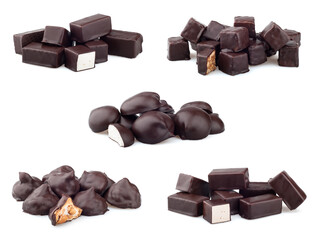 Chocolate candy collection. Chocolate candies on a white background. Marshmallow in chocolate. Bird's milk. Chocolate candies with nuts.