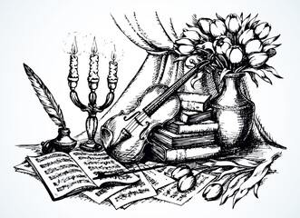 Still life with a violin. Vector drawing