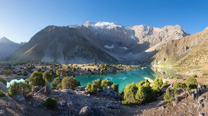 Beautiful panorama of Fann mountains. Alaudin lake in Fann Mountains, Tajikistan