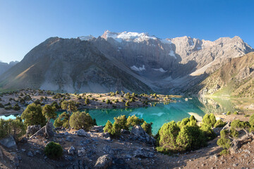 Beautiful mountain landscape of wild lake, Tajikistan. Fann mountains  surround Alaudin lake