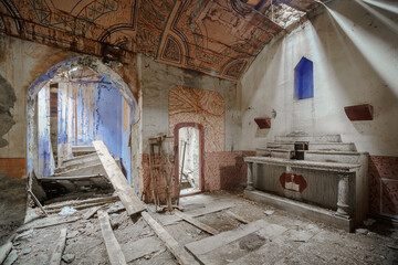Inside a ruined and colorful church