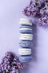 Purple macaroons with lilac on a color background