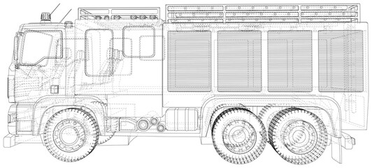 Wire-frame Fire truck. Fire Engine Vector Illustration of car. The layers of visible and invisible lines are separated. EPS10 format.