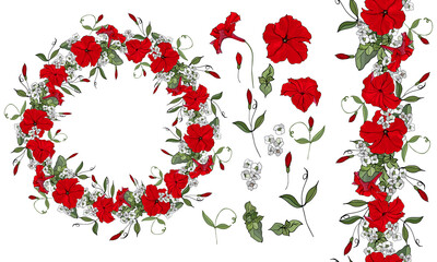 Vector floral set of red flowers. Petunia and leaves isolated on white background. Round frame. Endless vertical border. Hand drawn. Floral elements for your design.