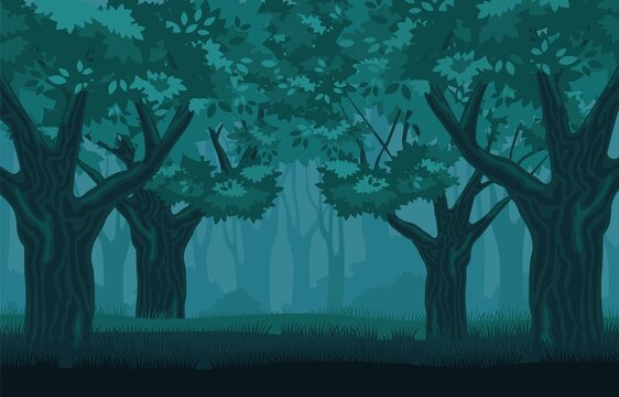 Mystical gloomy forest. Mysterious centuryold trees in darkness silhouettes burnt grove in fog terrible fantasy landscape ancient sad vector forest with echoes long standing battle.