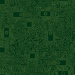 Computer board chip green pattern. Modern motherboard with seamless green pattern abstract conductive vector lines processor chip video card digital graphic engineering computer equipment.