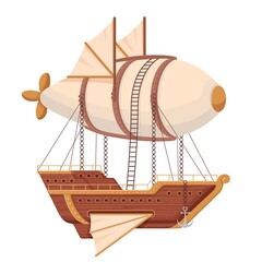 Fototapeta premium Flying ship airship. Futuristic ship with wings and balloon in technopunk style wooden hull with portholes and anchor balloon is fixed with vector chains hinged cartoon ladder.
