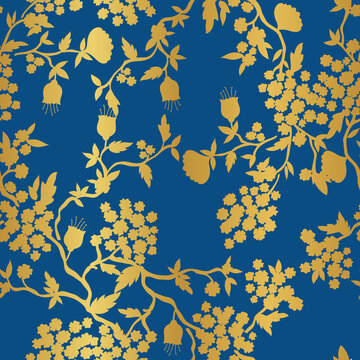 Chinoiserie Blue Plants Gold Vector Seamless Pattern