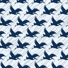 Crane Birds Flying in the Rain Vector Seamless Pattern