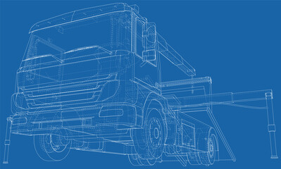 Vector Wire-frame isolated tow truck on background. Vector rendering of 3d.