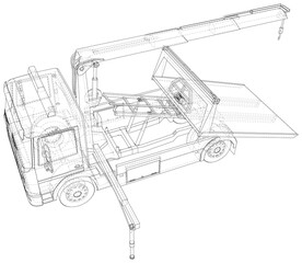 Tow truck vector. Isolated Wire-frame of breakdown lorry. Wire-frame line isolated. Vector rendering of 3d.