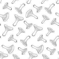 Seamless pattern with hand-drawn mushrooms isolated on white background. Vector illustration