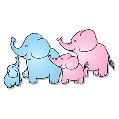 Cartoon elephant family on white background.