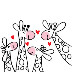 Giraffe mother, father and kids. Cartoon cute giraffe family
