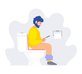 A man sits on the toilet and reads. Vector illustration in a flat style. A person in the toilet on the potty side view. Cartoon character.