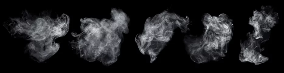 Crédence de cuisine en verre imprimé Fumée Ensemble de brouillard ou de fumée isolé sur fond noir. Nébulosité blanche, fond de brouillard ou de smog. Collection de fumée blanche variée sur fond noir.