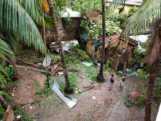 Gobardanga, West Bengal, India- May 21, 2020: Trees fall over a small house due to amphan cyclone and damaged the house. House owners watch their damaged house 
