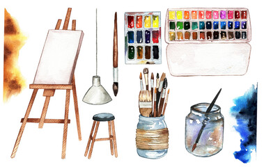 set of isolated drawing tools - watercolor illustration