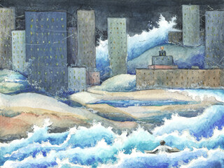 Apocalypse in the city, big waves, watercolor