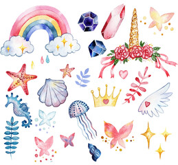 Fototapeta na wymiar Set of cartoon stickers, magic elements. prints for kids, children. Doodle style. Watercolor illustration.