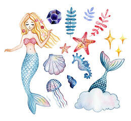 Set of cute mermaid and aquatic nature. Cute sea objects collection. Mermaid, seashells, jellyfish and starfish. Watercolor illustration