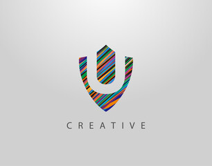 Shield U Letter Logo. Modern Abstract Geometric Design, made of various colorful strips shapes